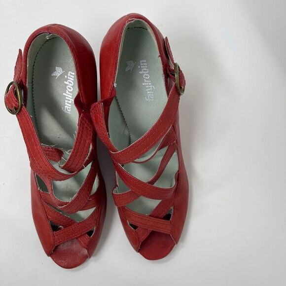 Anthropologie FARYL ROBIN Womens Sandals Wedges Peep Toe Strappy Red US 10 - Picture 2 of 9